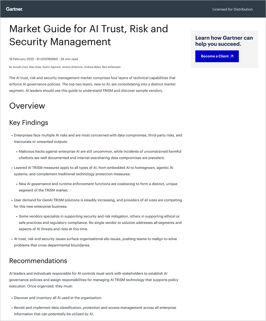 Guia de mercado do Gartner para gerenciamento de confiança, risco e segurança de IA.